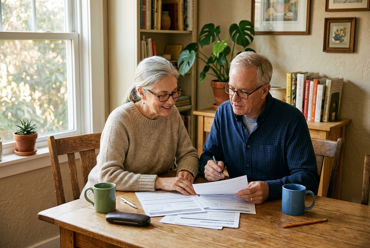 An older couple smiling as they go over their paperwork together at the kitchen table