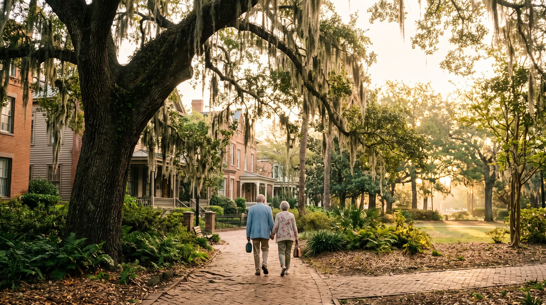 A senior couple strolls beneath moss-draped live oaks in a Savannah square at golden hour