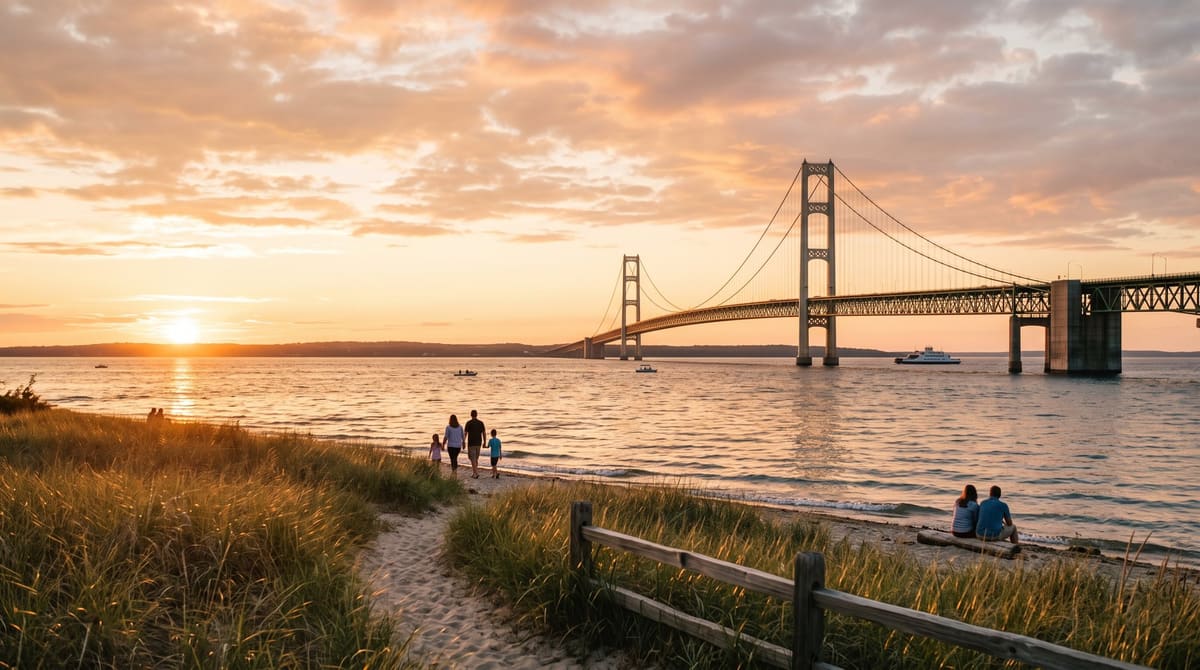 A family walks the shore at golden hour beneath the Mackinac Bridge