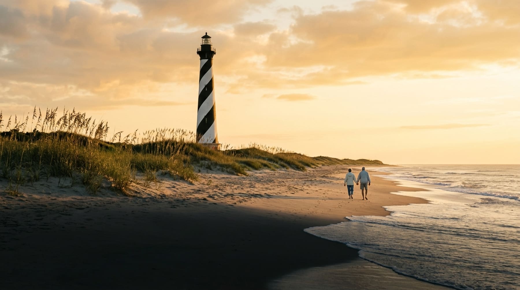 A couple walks the sand at golden hour beneath the Cape Hatteras Lighthouse