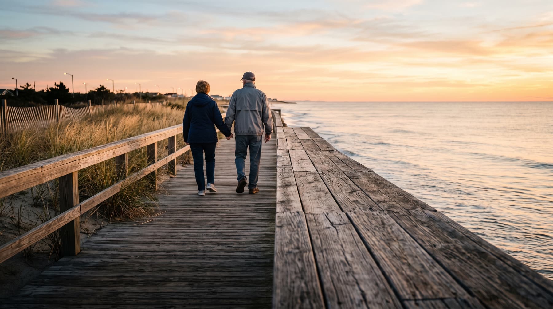 A senior couple walks hand in hand along a shore boardwalk at sunrise