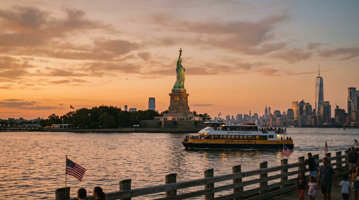 The Statue of Liberty over New York Harbor at dusk