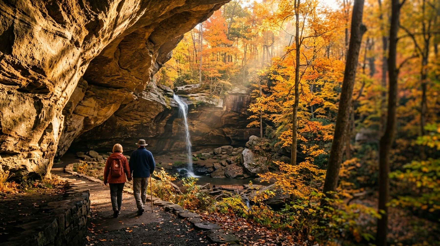A retired couple hikes beneath a sandstone arch in Hocking Hills State Park in peak autumn