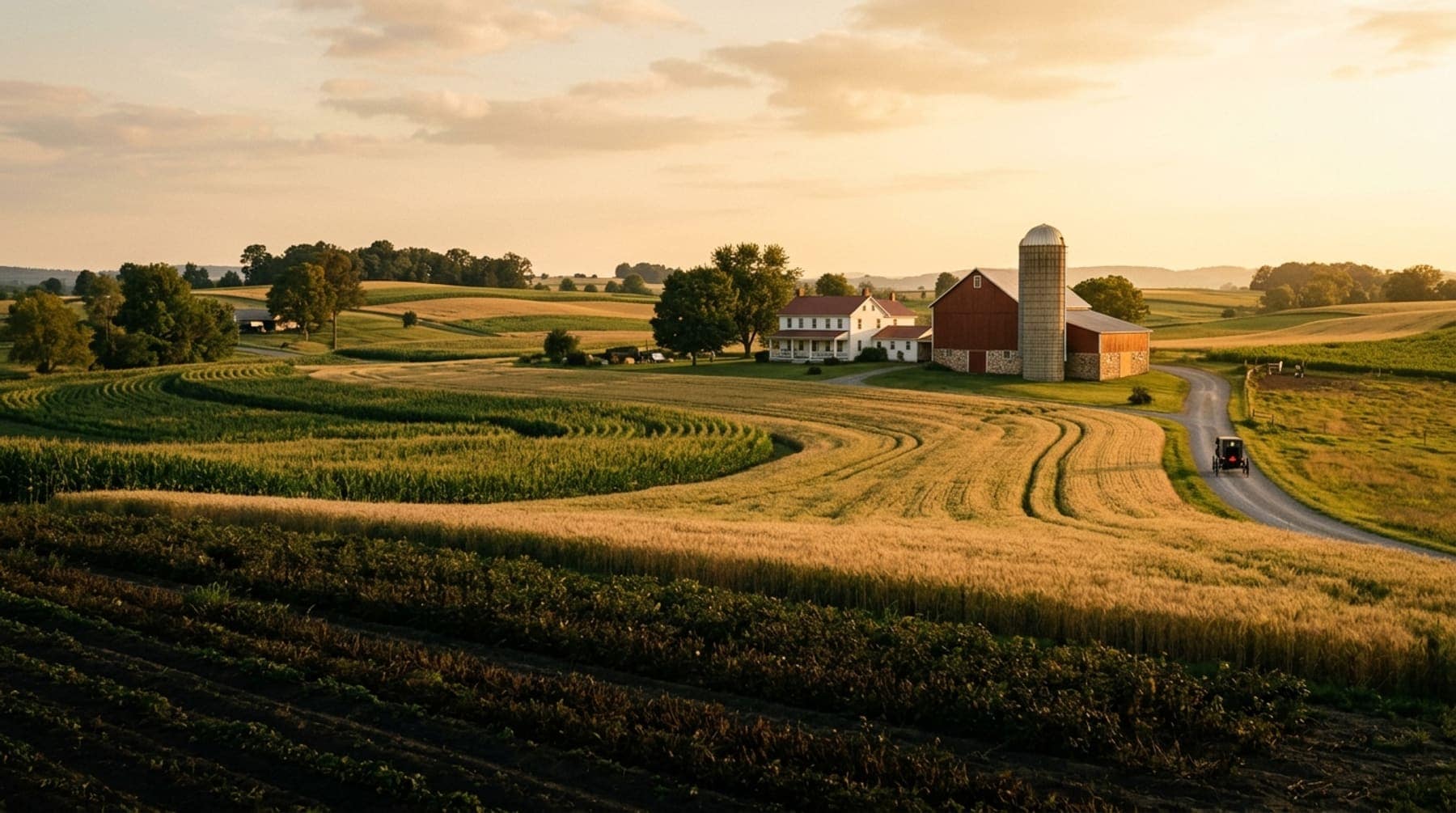 Lancaster County farm country at golden hour, a barn and silo above ripening fields