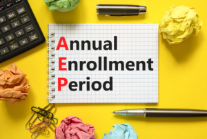 AEP symbol. Concept words AEP Annual enrollment period on beautiful white note. Beautiful yellow table yellow background. Calculator. Medical and AEP Annual enrollment period.