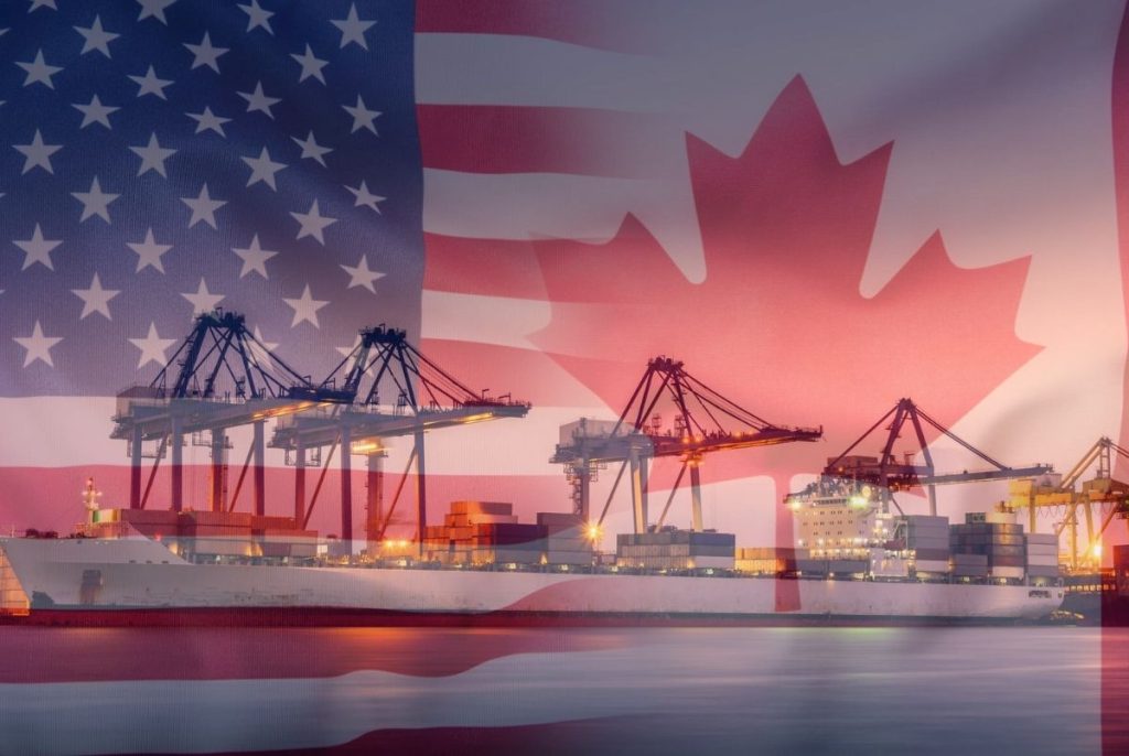 us and canada flags overlay shipping containers export landscape