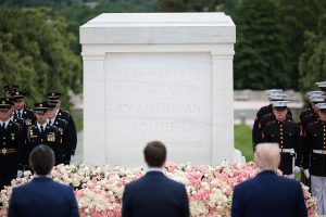 U.S. Secretary of Defense Pete Hegseth, U.S. Vice President JD Vance, and U.S. President Donald Trump participate in a Memorial Day wreath-laying ceremony at the Tomb of the Unknown Soldier at Arlington National Cemetery on May 26, 2025 in Arlington, Virginia.