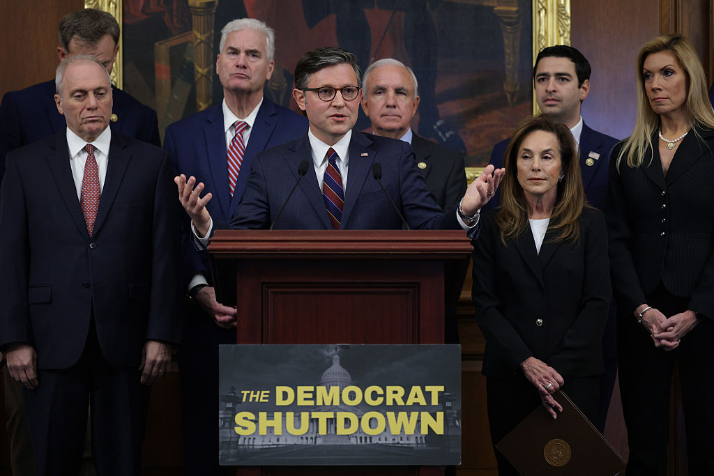 WASHINGTON, DC - NOVEMBER 06: U.S. Speaker of the House Rep. Mike Johnson (R-LA) speaks during a news conference with the House Republican leadership on reopening the government at the U.S. Capitol on November 6, 2025 in Washington, DC. Today marks Day 37 of the government shutdown. (Photo by Alex Wong/Getty Images)
